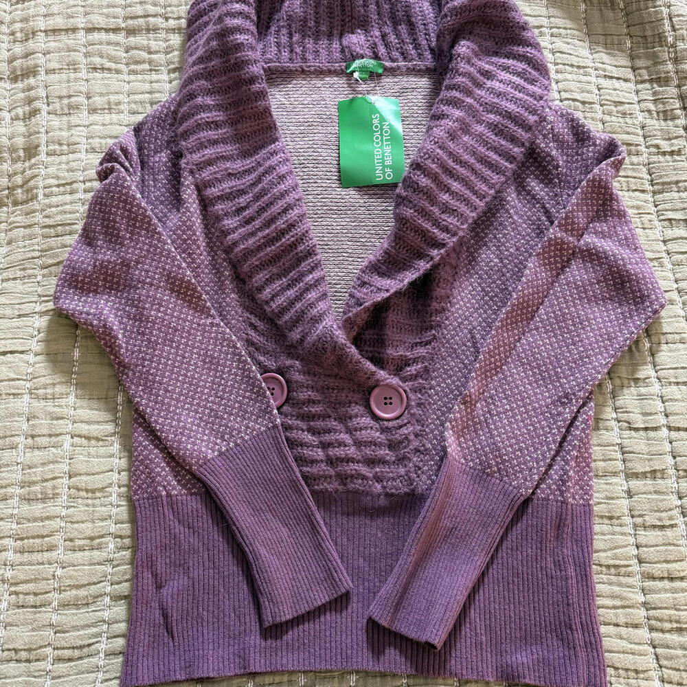 United Colors of BENETTON NWT Shawl Neck Merino Wool Purple SZ S CabinCore Prep